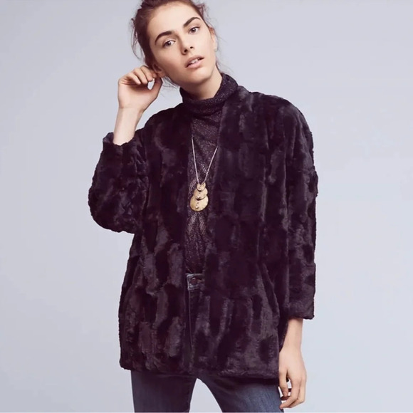 TINY EDITIONS for Anthropologie Equinox Dark Blue Faux Fur Jacket, Size Small - Picture 2 of 16